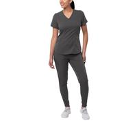 Adar Pro Modern Athletic Scrub Set for Women - Modern V-Neck Scrub Top & Yoga Jogger Scrub Pants - P9500 - Pewter - S