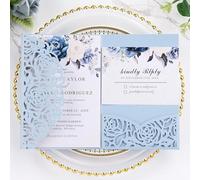 AdasBridal 50PCS Baby Blue Laser Cut Wedding Invitation with Envelopes and Rsvp Cards Invitaciones Para 15 Años Quinceañera Wedding Baby Shower(Tri-fold, Blank Inner Cards)