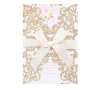 AdasBridal 50Pcs Glitter Floral Laser Cut Wedding Invitation Cards with Envelope Blank Inner Sheet and Ribbon for Wedding Engagement Bridal Shower Party Invite(7.09 X 4.92inch, Rose Gold)