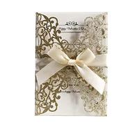 AdasBridal 50Pcs Glitter Floral Laser Cut Wedding Invitation Cards with Envelope Blank Inner Sheet and Ribbon for Wedding Engagement Bridal Shower Party Invite(7.09 X 4.92inch, Gold)