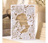 AdasBridal 50pcs Rustic Wedding Invitations with Envelopes and RSVP Cards, White Folding Laser Cut Invitation Sleeve Butterfly Floral Cut Kraft Cards for Wedding Engagement Anniversary Birthday