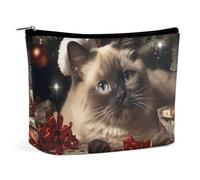 ADASGHBY Portable Small Cosmetic Bag Cute Travel Makeup Bag Cartoon Blue Mushroom Waterproof Toiletry Bag for Women, Christmas Siamese Cat, One Size