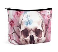 ADASGHBY Portable Small Cosmetic Bag Cute Travel Makeup Bag Husky Piquant Dog Waterproof Toiletry Bag for Women, Human Skull Pink Flowers, One Size