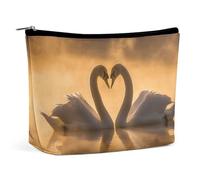 ADASGHBY Portable Small Cosmetic Bag Cute Travel Makeup Bag Light Blue Petals Waterproof Toiletry Bag for Women, Two Heart-Shaped Swans, One Size