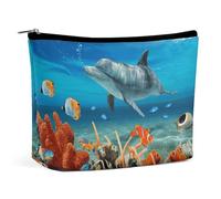 ADASGHBY Portable Small Cosmetic Bag Cute Travel Makeup Bag Man Riding An Elephant Waterproof Toiletry Bag for Women, Dolphins Blue, One size