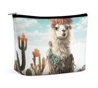 ADASGHBY Portable Small Cosmetic Bag Cute Travel Makeup Bag Polish Folk Art Pattern Waterproof Toiletry Bag for Women, Mexican Llama Green, One Size
