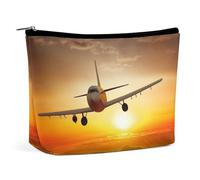 ADASGHBY Portable Small Cosmetic Bag Cute Travel Makeup Bag Poppy Flowers Vivid Petals Waterproof Toiletry Bag for Women, Aircraft Plane at Sunset, One Size