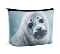 ADASGHBY Portable Small Cosmetic Bag Cute Travel Makeup Bag World Map Waterproof Toiletry Bag for Women, Harp Seal Painting Wallpaper, One Size
