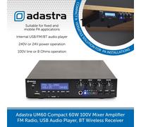 Adastra UM60 Compact 60W 100V PA Mixer Amplifier with BT/FM/USB