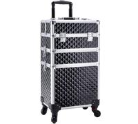 Adazzo 3 in 1 Professional Rolling Makeup Train Case Aluminum Trolley Case with 360° Rotation Wheels for Makuep Artist Cosmetic Suitcase Organizer with Lock and Key Diamond Pattern, Black, Rolling