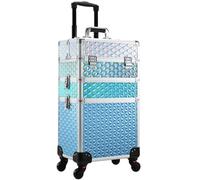 Adazzo 3 in 1 Professional Rolling Makeup Train Case Aluminum Trolley Case with 360° Rotation Wheels for Makuep Artist Cosmetic Suitcase Organizer with Lock and Key Diamond Pattern, Turquoise