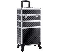 Adazzo 3 in 1 Professional Rolling Makeup Train Case Aluminum Trolley Case with 360° Rotation Wheels for Makuep Artist Cosmetic Suitcase Organizer with Lock and Key Diamond Pattern, Black, Rolling