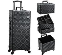Adazzo 4-in-1 Holographic Grid Rolling Makeup Case, Cosmetic Suitcase, Nail Tech Box, Makeup Artist & Hairstylists Travel Trunk, Shine Grid, Black