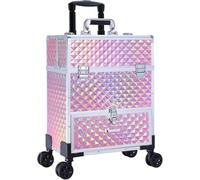 Adazzo Professional Rolling Makeup Case for Artists - Multi-functional Cosmetic Train Case with Compartments for Hairstylists & Nail Technicians, Pink with Drawer, Rolling Makeup Case