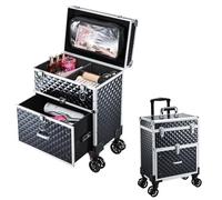 Adazzo Professional Rolling Makeup Case with Drawer for Makeup Artists Cosmetic Train Case Large Storage Case for Nail Technicians Cosmetology Case with Detachable Bag for Hairstylist Black