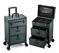 Adazzo Professional Rolling Makeup Train Case with Drawers, Large Cosmetic Trolley with Locks, Cosmetics Storage Organizer Make up Case for Travel Makeup Nail Art, Dark Green, Pro