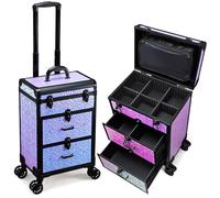 Adazzo Professional Rolling Makeup Train Case with Drawers, Large Cosmetic Trolley with Locks, Cosmetics Storage Organizer Make up Case for Travel Makeup/Nail Art/Hair Styling, Shiny Pink