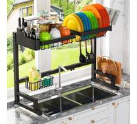 ADBIU 【Fit Sink 24.5"- 32" L 2023 Version Over Sink Dish Drying Rack (Expandable Dimension) Snap-On Design 2 Tier Large Kitchen Dish Rack Stainless Steel Counter Organization and Storage