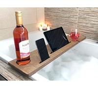 ADD A PERSONALISED LASER ENGRAVED MESSAGE!! Wooden Bath Caddy/Bath Bar to hold Wine Bottle, Wine Glass, Mobile Phone, Tablet and 3 tealight candles (Plain)(BBWO)(EM)