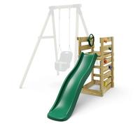 Add-on Wooden Platform with 6FT Slide for Rebo Garden Swing Sets - Dark Green Slide with Climbing Rocks and Steering Wheel | Kids' Outdoor Wooden Play Equipment for Gardens | Weather Resistant