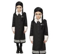 Smiffys The Addams Family Wednesday Child Costume, Black Dress with Skull Pattern and Wig, Officially Licensed Wednesday Addams Costume, Great for Halloween and Themed Events