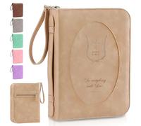ADDFIT HOUSE Leather Bible Cover Case for Women - Large Book Case with Handle and Pockets, Floral Book Cover, Bible Protector for Study or Church, Christian Gift for Girls and Women-Light Brown