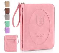 ADDFIT HOUSE Leather Bible Cover for Women - Large Zippered Case with Handle and Pockets, Floral Book Protector for Study or Church, Christian Gift for Girls and Women, Large Size Bibles (Pink)