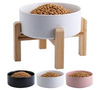 Addggo White 6 in Elevated/Raised Dog Bowl Ceramic with Wood Stand for Medium Large Breed,Non Slip Heavy Wighted Dog Food Water Dish,3.6 Cups Cute Porcelain Pet Bowl