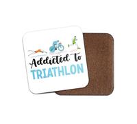 Addicted to Triathlon Square Coaster - Swim Bike Run Exercise Sports Hobby Fan Kids Boys Girls Dad Mum Kitchen Family Drinks Home #82316