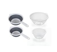 Addis 4 Piece Food Ready Set Including Collapsible Food Colander Twin Set and Twin Mixing Bowls 1 Litre and 4 Litre, Clear