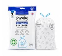 Addis 50-60L Bin Liners with Drawstring - Strong 25 Micron Kitchen Rubbish Bags, 30% Recycled Plastic, Tear Resistant, 45 Bags (3 Rolls) - Fits 45L & 50L Bins