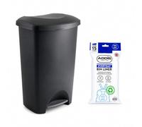 Addis 50L Black Kitchen Pedal Bin with 15 Drawstring Bin Liners | Large 50L family kitchen bin with foot pedal, easy-clean plastic body and 15 Addis drawstring bin liners included