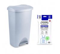 Addis 50L Recycled Light Grey Kitchen Pedal Bin with 15 Bin Liners | Large 50L recycled plastic kitchen bin in Light Grey with foot pedal and 15 Addis drawstring bin liners included