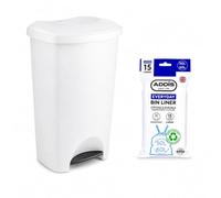 Addis 50L White Kitchen Pedal Bin with 15 Drawstring Bin Liners | Large 50L family kitchen bin in White with foot pedal, easy-clean plastic body and 15 Addis drawstring bin liners included