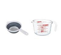 Addis 517522 "Pop & Store Collapsible Food Colander with Handle, White and Grey, 34 x 20 x 3 cm & Pyrex Glass Measuring Jug, Transparent, 1 Litre