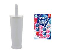 Addis Closed Toilet Brush Set, Plastic, White, 12.5 x 12.5 x 39 cm, 510284 & Bloo Power Active Toilet Rim Block, Fresh Flowers, 2 x 50g