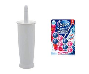 Addis Closed Toilet Brush Set, Plastic, White, 12.5 x 12.5 x 39 cm, 510284 & Bloo Power Active Toilet Rim Block, Fresh Flowers, 2 x 50g