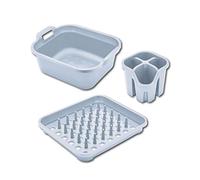 Addis Eco Made from 100% Plastic Family Kitchen Sink Washing Up Set, contains Washing up Bowl, Cutlery Utensil Draining Caddy, Plate Draining Rack with Pegs, Light Grey Recycled