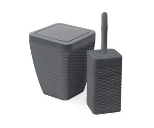 Addis Faux Rattan Square Bathroom Set Includes Swing Bin & Toilet Set Brush, Calico Linen - Faux Leather Plastic, Charcoal