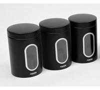 Addis Kitchen Storage Canisters 3 Pack Storage Container Set, Ergonomic Food Containers, Storage Jars with Window - For Tea, Coffee Sugar, Nuts, All black finish