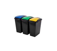 Addis Recycling 40 Litre Set of 3 Waste Utility Plastic Bins Interlocking Clips, Lift, Blue & Yellow, Black Colour Coded Lids Green, Blue, Yellow, 3