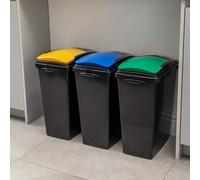 Addis Recycling 40 Litre Set of 3 Waste Utility Plastic Bins Interlocking Clips, Lift, Blue & Yellow, Black Colour Coded Lids Green, Blue, Yellow, 3