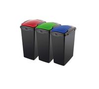 Addis Recycling 40 Litre Set of 3 Waste Utility Plastic Bins Interlocking Clips, Lift, Red & Green, Black Colour Coded Lids Blue, Red, Green, 3 x 40