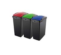 Addis Recycling 40 Litre Set of 3 Waste Utility Plastic Bins with Interlocking Clips, Colour Coded Lids â€“ Blue, Red & Green, 3 x 40L