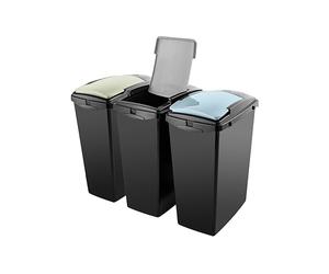 Addis Recycling 40 litre waste kitchen plastic bins, Set of 3, modular system with lift lids, Black with delicate Sage Green, Air Blue and Soft Grey