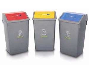 Addis Set of 3 Recycling 60 Litre Waste Utility Office Business Commercial Bins with Colour Coded Swing Lids, Grey with Red, Blue & Yellow, 3 x 60