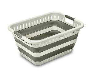 Addis Space-Saving Foldable Laundry Basket 45 litre Clothes Washing Hamper with Straight Soft-Grip Handles, White & Grey