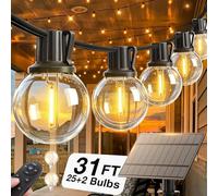 addlon 31FT(25+6) Solar String Lights Outdoor with 1FT Bulb Spacing, 25+2 Commercial G40 LED Bulbs, Solar & USB Charging, Remote, Timable, Dimmable Waterproof Patio Lights for Balcony, Porch, Yard