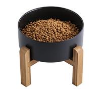 Addogyy Black Elevated/Raised Dog Bowl Ceramic with Wood Stand for Medium Large Breed,Dog Food Water Dish Heavy Weighted, Non Slip Modern Cute Porcelain 6 Inch Pet Bowl