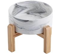 Addogyy Elevated/Raised Dog Bowl Ceramic with Wood Stand for Medium Large Breed,Dog Food Water Dish Heavy Weighted, 8 in Non Slip Porcelain Pet Bowl Extra Big Marble Grey